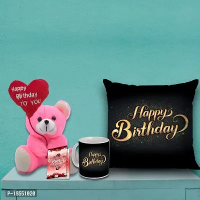 AWANI TRENDS Happy Birthday to You Gift for Sister or Brother| Gift for Birthday | Birthday Combo Gift Pack | Quoted Cushion (12 * 12 Inch)| Ceramic Mug (320 ml)| Greeting Card  Soft Teddy