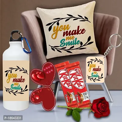 AWANI TRENDS Valentine Day Gift|Gift for Girlfriend/ Wife/ Husband/ Boyfriend| Birthday Gift| Combo Sipper Bottle Cushion Cover (16x16 inch) with Chocolates and Keychain Rose Greeting Card 49