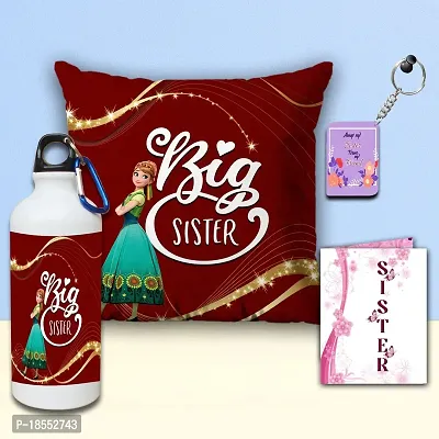 AWANI TRENDS Gift for Sister |Big Sister Quoted Greeting Card, Keyring with Sipper/Water Bottle and Cushion| Combo Gifts for Sister on Birthday, Raksha Bandhan (Pack of 4) | Unique Gift Set