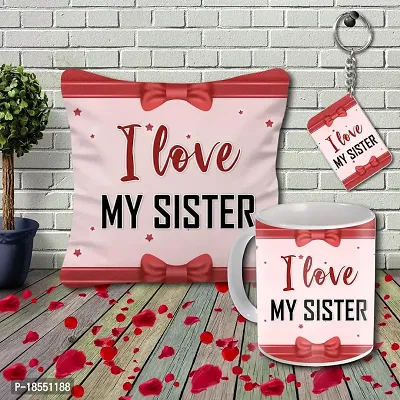 AWANI TRENDS Gift for Sister | Little Sister | Big Sister | Gift for Friends - Printed Cushion with Filler (16 * 16 Inch) | Ceramic Coffee Mug | Keyring/Keychain Combo Gifts for Birthday