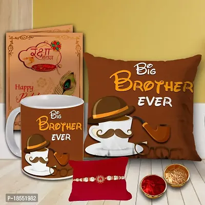 AWANI TRENDS Rakhi Gift Hamper for Brother Raksha Bandhan Gift Set Big Brother Ever Printed Cushion Pillow (12 * 12 Inch) Ceramic Mug Rakhi Greeting Card Roli Chawal Birthday Gift for Brother-thumb0