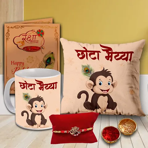 AWANI TRENDS Rakhi Gift for Brother Raksha Bandhan Gift Cushion Pillow (12 * 12 Inch) Ceramic Mug Rakhi Greeting Card Roli Chawal Birthday Gift for Brother