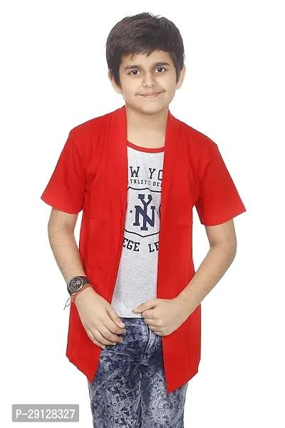 Boys Half Sleeve Cotton White Printed T-Shirt with Attached Red Jacket Shrug