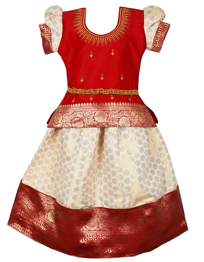 Fabulous Girls Traditional Embroidery Ethnic Pattu Pavadai Lehenga Choli Set for Kids