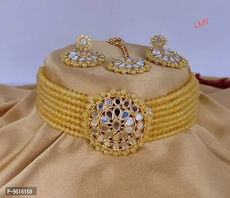 Traditional Yellow Alloy Necklace With Earrings Jewellery For Women