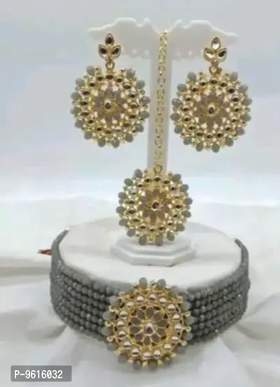 Elegant Grey Alloy Choker Necklace Maangtika With Earrings Jewellery Set For Women