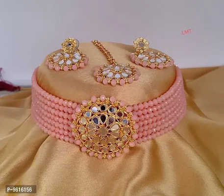 Traditional Peach Alloy Necklace With Earrings Jewellery For Women