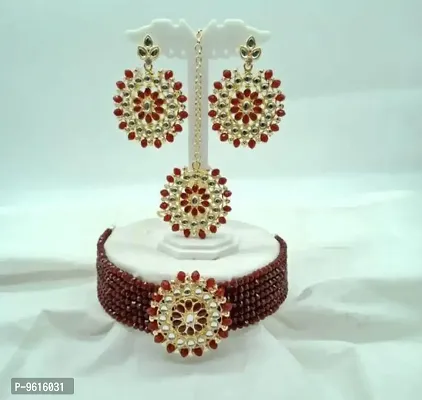 Elegant Maroon Alloy Choker Necklace Maangtika With Earrings Jewellery Set For Women