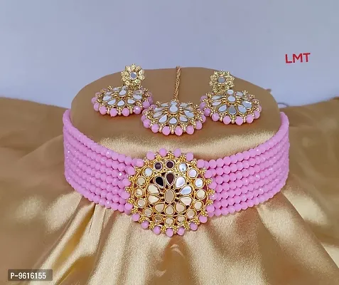 Traditional Pink Alloy Necklace With Earrings Jewellery For Women