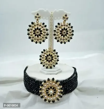 Elegant Black Alloy Choker Necklace Maangtika With Earrings Jewellery Set For Women-thumb0