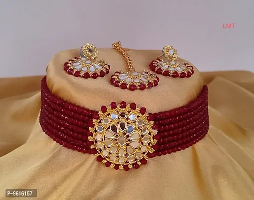 Traditional Maroon Alloy Necklace With Earrings Jewellery For Women