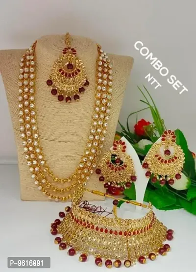 Traditional Maroon Alloy Necklace With Earrings Jewellery Set Combo For Women-thumb0