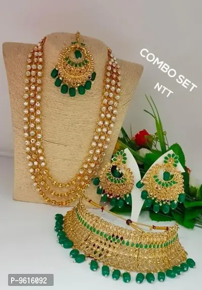 Traditional Green Alloy Necklace With Earrings Jewellery Set Combo For Women