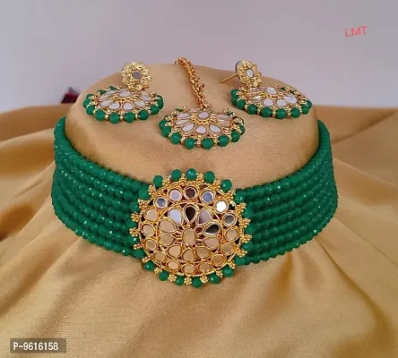 Traditional Green Alloy Necklace With Earrings Jewellery For Women