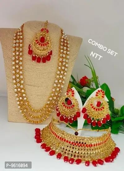 Traditional Gold Alloy Necklace With Earrings Jewellery Set Combo For Women-thumb0