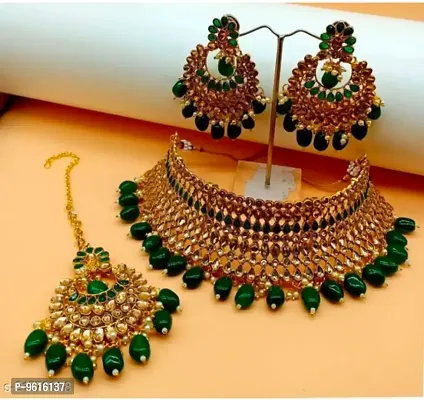 Traditional Green Alloy Necklace Maangtika With Earrings Jewellery Set For Women-thumb0