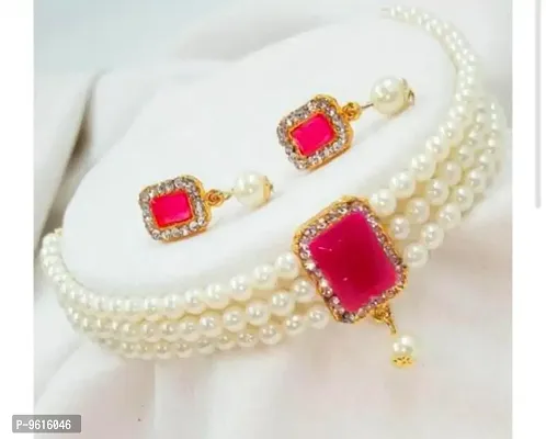 Sizzling Pink Alloy Necklace With Earrings Jewellery Set For Women-thumb0