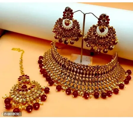 Traditional Maroon Alloy Necklace Maangtika With Earrings Jewellery Set For Women