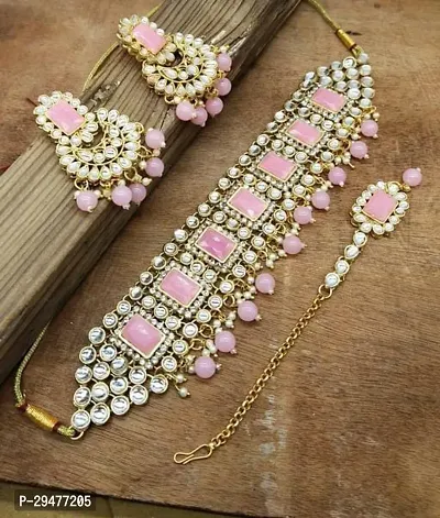 Stylish Pink Alloy One Choker 1 Pair Of Earring With Mang Tika