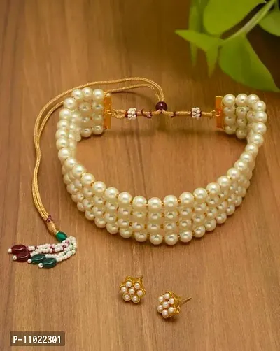 Elegant 4 Line Moti Choker Jewellery Set For Women-thumb0