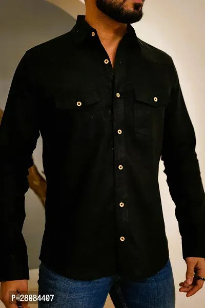Elegant Black Cotton Solid Long Sleeves Casual Shirts For Men-thumb0