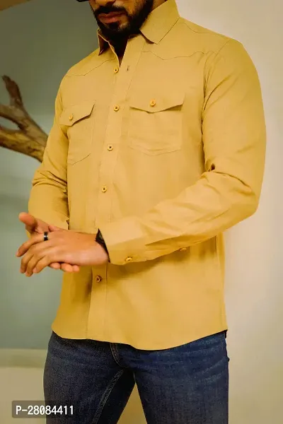 Elegant Yellow Cotton Solid Long Sleeves Casual Shirts For Men