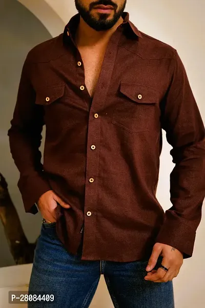 Elegant Coffee Cotton Solid Long Sleeves Casual Shirts For Men