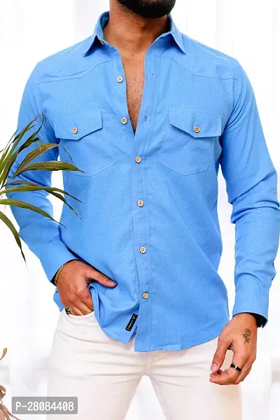 Elegant Blue Cotton Solid Long Sleeves Casual Shirts For Men