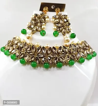 Floral Styling Golden Green Necklace Set with Maang Tikka Earrings for Women
