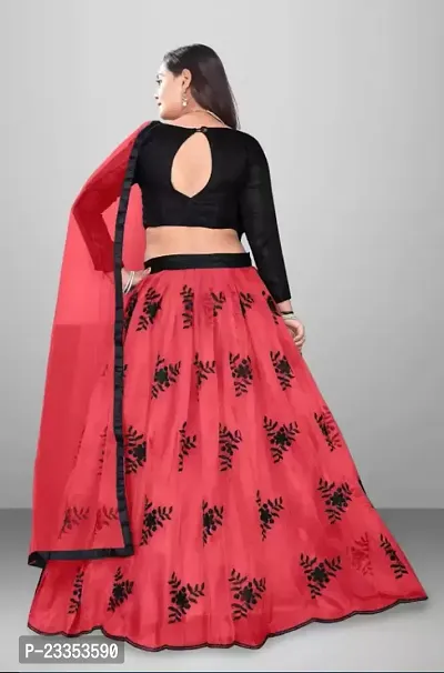 EMZO Women's Satin Solid Full Sleeve Semi-Stitched Lehenga, Choli  Dupatta Set - Size : Free Size [EMZ-1020-Light Red]-thumb2