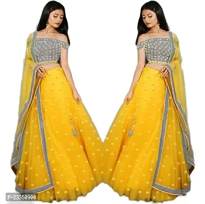 EMZO Women's Satin Solid Off Shoulder Semi-Stitched Lehenga, Choli  Dupatta Set - Size : Free Size [EMZ-1009-Yellow  Grey]