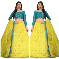 EMZO Women's Satin Solid Full Sleeve Semi-Stitched Lehenga, Choli  Dupatta Set - Size : Free Size [EMZ-1014-Yellow  Teal]-thumb1