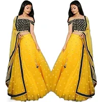 EMZO Women's Satin Solid Off Shoulder Semi-Stitched Lehenga, Choli  Dupatta Set - Size : Free Size [EMZ-1006-Yellow  Black]-thumb1