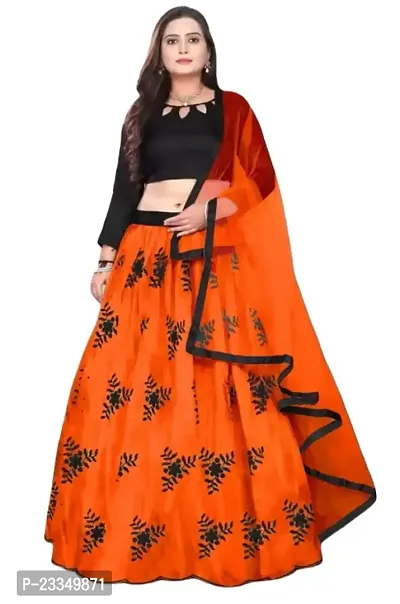 EMZO Women's Satin Solid Full Sleeve Semi-Stitched Lehenga, Choli  Dupatta Set - Size : Free Size [EMZ-1023-Orange]