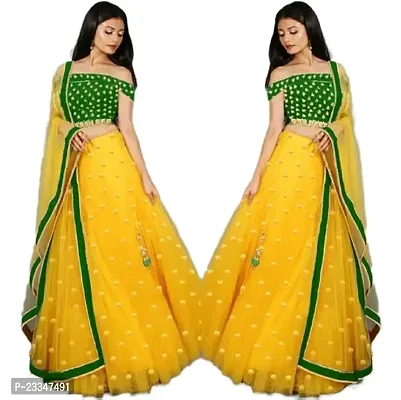 EMZO Women's Satin Solid Off Shoulder Semi-Stitched Lehenga, Choli  Dupatta Set - Size : Free Size [EMZ-1010-Yellow  Green]