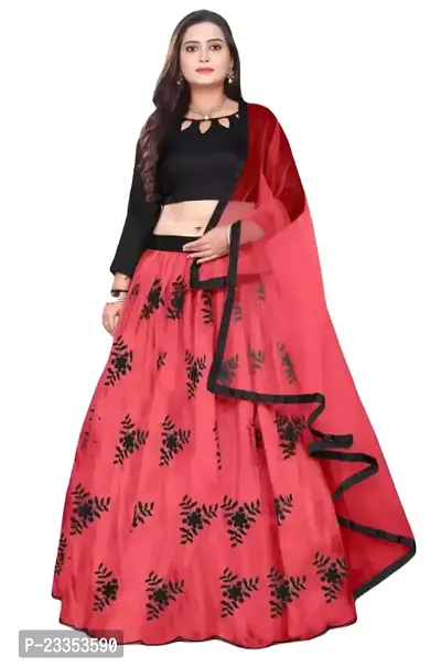 EMZO Women's Satin Solid Full Sleeve Semi-Stitched Lehenga, Choli  Dupatta Set - Size : Free Size [EMZ-1020-Light Red]-thumb0