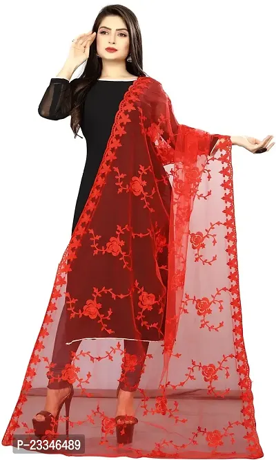 EMZO Women's Net Embroidered Woven Design Traditional Dupatta (EMZ-1003-Red)-thumb0