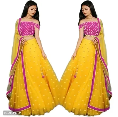 EMZO Women's Satin Solid Off Shoulder Semi-Stitched Lehenga, Choli  Dupatta Set - Size : Free Size [EMZ-1015-Yellow  Pink]