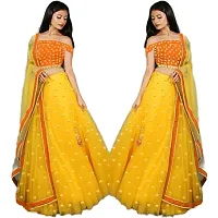 EMZO Women's Satin Solid Off Shoulder Semi-Stitched Lehenga, Choli  Dupatta Set - Size : Free Size [EMZ-1012-Yellow  Orange]-thumb1