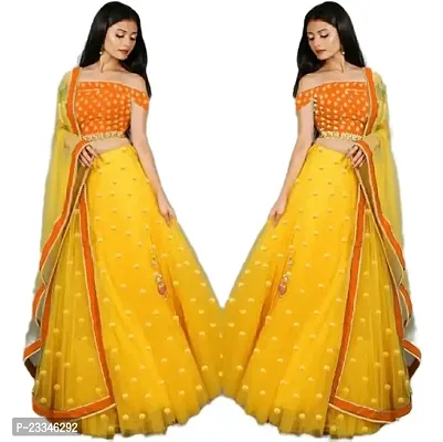 EMZO Women's Satin Solid Off Shoulder Semi-Stitched Lehenga, Choli  Dupatta Set - Size : Free Size [EMZ-1012-Yellow  Orange]-thumb2