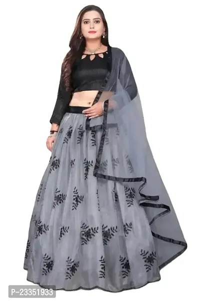 EMZO Women's Satin Solid Full Sleeve Semi-Stitched Lehenga, Choli  Dupatta Set - Size : Free Size [EMZ-1021-Grey]-thumb0