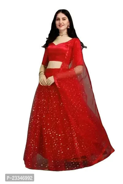 EMZO Women's Satin Solid Half Sleeve Semi-Stitched Lehenga, Choli  Dupatta Set - Size : Free Size [EMZ-1037-Red]-thumb0