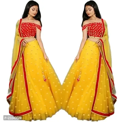 EMZO Women's Satin Solid Off Shoulder Semi-Stitched Lehenga, Choli  Dupatta Set - Size : Free Size [EMZ-1016-Yellow  Red]