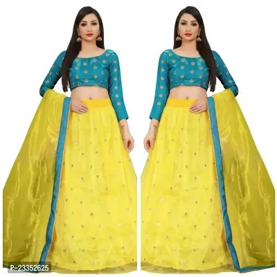 EMZO Women's Satin Solid Full Sleeve Semi-Stitched Lehenga, Choli  Dupatta Set - Size : Free Size [EMZ-1014-Yellow  Teal]-thumb0