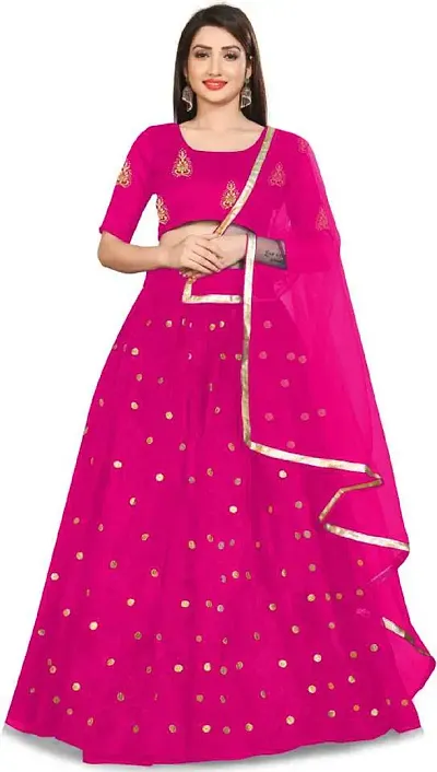 EMZO Women's Net Solid Half Sleeve Semi-Stitched Lehenga, Choli Dupatta Set - Size : Free Size [EMZ-1004-Pink]