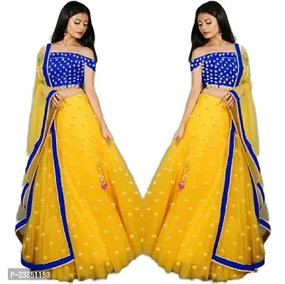 EMZO Women's Satin Solid Off Shoulder Semi-Stitched Lehenga, Choli  Dupatta Set - Size : Free Size [EMZ-1007-Yellow  Blue]