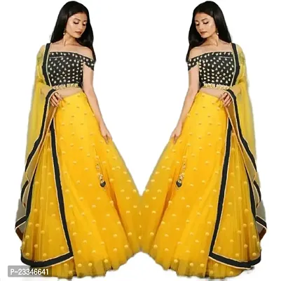 EMZO Women's Satin Solid Off Shoulder Semi-Stitched Lehenga, Choli  Dupatta Set - Size : Free Size [EMZ-1006-Yellow  Black]-thumb0