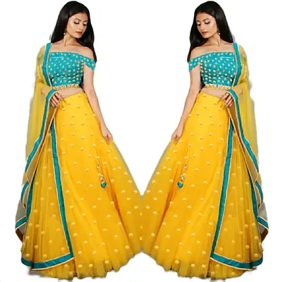 EMZO Women's Satin Solid Off Shoulder Semi-Stitched Lehenga, Choli  Dupatta Set - Size : Free Size [EMZ-1008-Yellow  Turquoise]