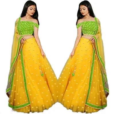 EMZO Women's Satin Solid Off Shoulder Semi-Stitched Lehenga, Choli  Dupatta Set - Size : Free Size [EMZ-1013-Yellow  Olive]