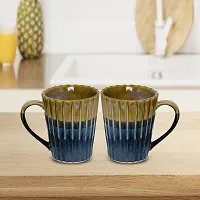 Creative Glut Stylish Ceramic Coffee Mugs Handmade Crafted with Glossy Finish Dishwasher Safe for Gifting Purpose ? Blue & Brown Striped Design Set of 2 (300 ML) Each-thumb3